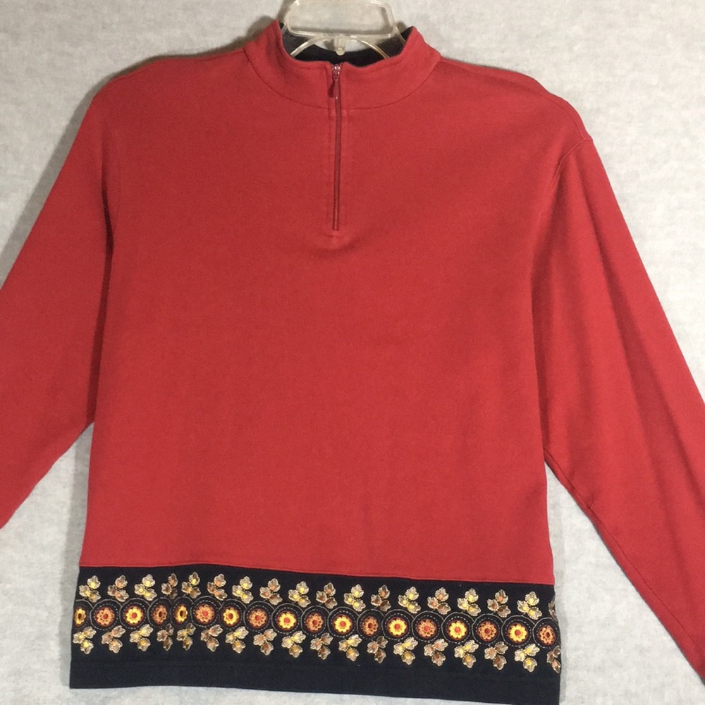 BECHAMEL Embroidered Boxy Natural Quality Cotton Knit 1/4 Zip Petite Large Top